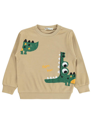 Civil Erkek Çocuk Timsah Baskılı Sweatshirt | İnterlok Uzun Kol | Okul Kreş ve Günlük Kullanım - Bej