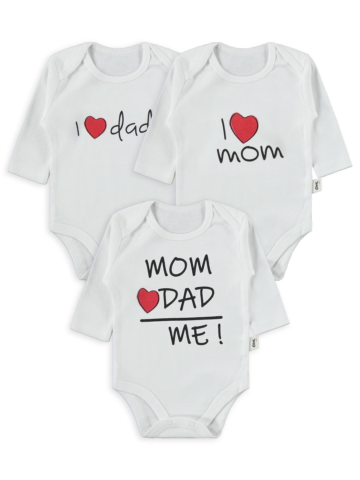Civil Baby Mom Dad Baskılı 3lü 1-36 Ay Çıtçıtlı Badi - Ekru