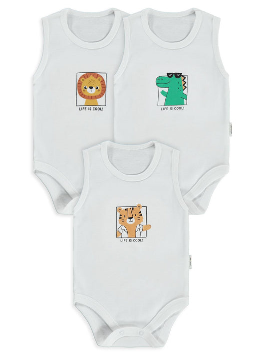 Civil Baby Hayvan Baskılı 3lü 1-36 Ay Çıtçıtlı Badi - Ekru