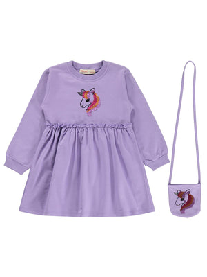 Silversun Unicorn Baskılı Çantalı 2-7 Yaş Elbise - Lila