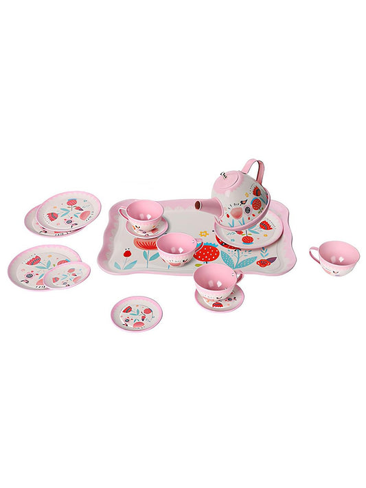 Vardem 15 Parça Çiçek Desenli Metal Çay Seti - Pembe